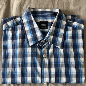 Boss Men's Navy and White Plaid Shirt